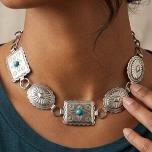 Western Concho Statement Necklace Silver Tone Southwestern‎ Turquoise Style